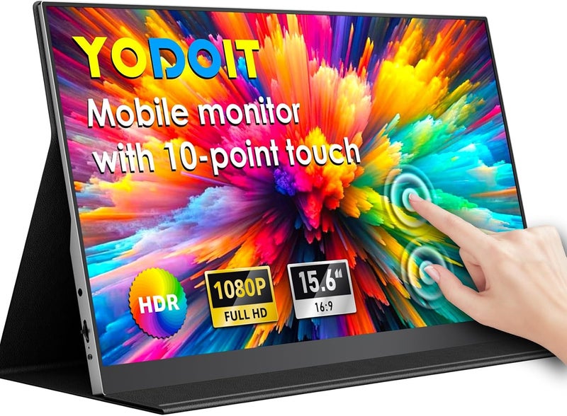 Yodoit Portable Monitor Touchscreen 10-Point 15.6" FHD IPS Display with USB Type C Port and Speakers with Smart Cover Compatible with PC, MacBook, Xbox (Black) - Image 1
